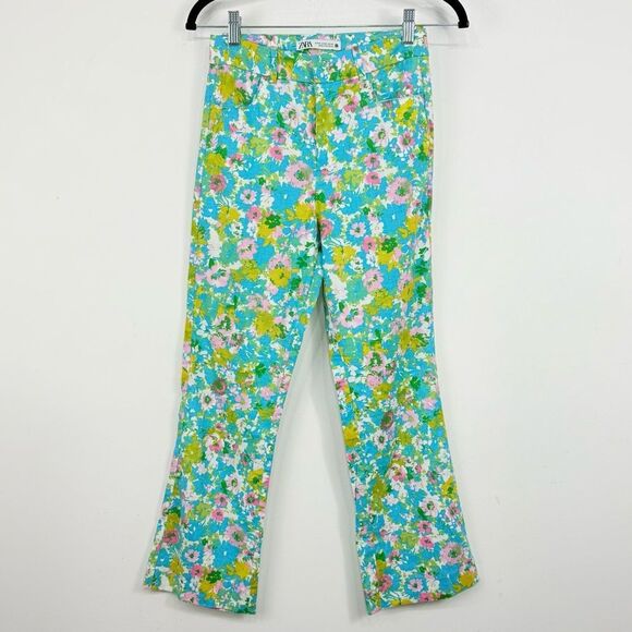 Zara Colorful Floral Retro Inspired Linen Blend High Rise Cropped Ankle Pants - Picture 7 of 16